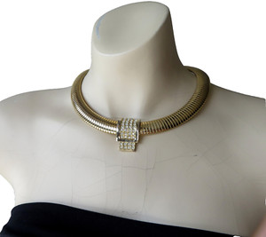 Authentic Vtg Collar Necklace 1970s Gold Plated Paved Rhinestone Detail Sleek & Classic