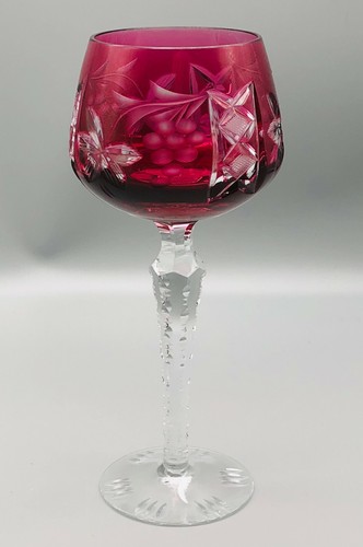 Vintage Bohemian Dark Cranberry Red Cut to Clear Grapes Leaves Wine Stem Glass