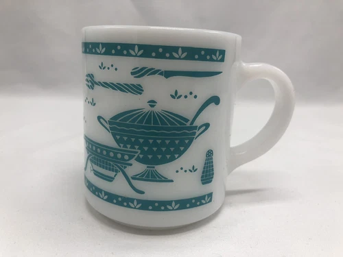 Vintage HAZEL ATLAS Kitchen Tools TURQUOISE on WHITE Milk Glass MUG