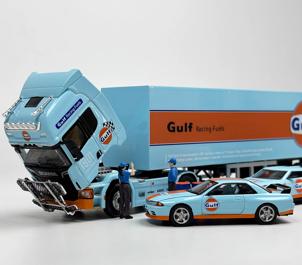 TM 1/64 トレーラー　GT-R32&JEEP 付属 Gulf GULF CAR HAULER TRAILER SET Jeep + Skyline R32 + Trailer
