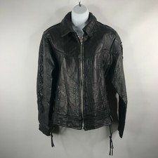 Navarre Croc Embossed Black Buffalo Leather Embroidered Rose Moto Jacket Size S
