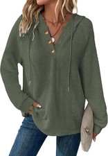 Hoodies for Women Waffle Knit V Neck Oversized Sweatshirt Button Large, Green
