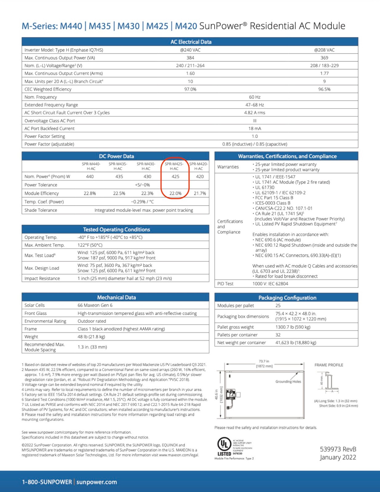 New SunPower Maxeon 425W AC solar panels w/ micro inverters, model SPR-M425-H-AC