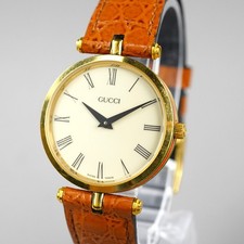 GUCCI Vintage Men's Watch 2000M Gold 30mm New Battery Gucci Leather Band