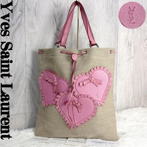 Yves Saint Laurent Shoulder Bag Heart Bow Linen Leather Vintage Authentic Japan