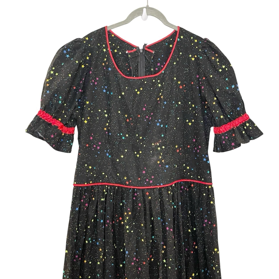 Vintage 70s 80s Rainbow Star Galaxy Print Maxi Dress Ruffle Miss Frizzle 1X-2X - Image 3 of 4