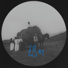 Photo WORKERS AROUND CART OF HAY C1890 Magic Lantern Slide VICTORIAN FARMING