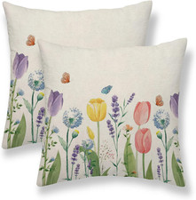 Spring Pillow Covers 18X18 Set of 2, Tulip Lavender Flower Decorative Throw Pill