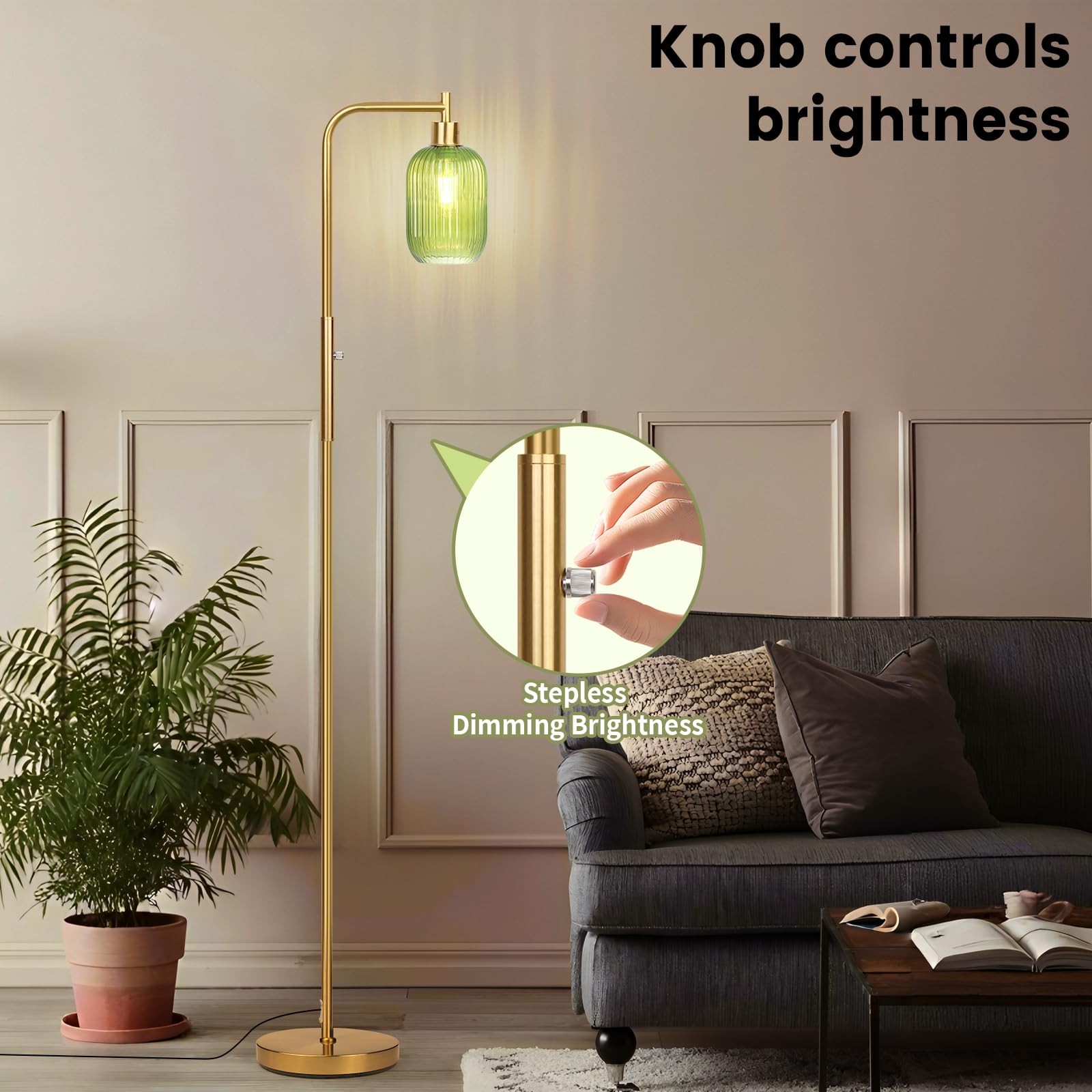 Glass Floor Lamp for Living Room, Dimmer Standing Lamp with Green Ribbed Lamp...