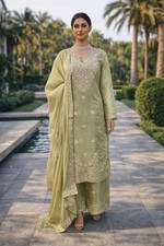 Exclusive Heavy Silk Pista Green Top Palazzo With Dupatta For Festival Wear
