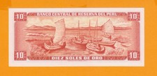 1975 PERU, 10 SOLES DE ORO, CRISP UNC BANKNOTE P-106 reed boats on Lake Titicaca