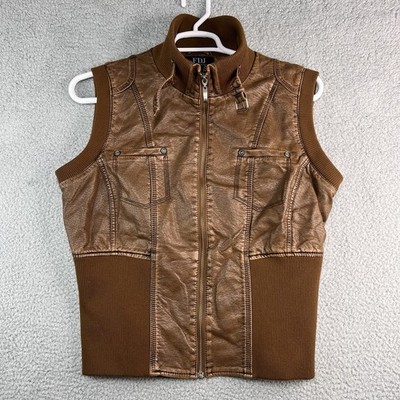 FDJ French Dressing Jeans Vest Womens Sz XL Brown Faux Leather Full Zip Biker