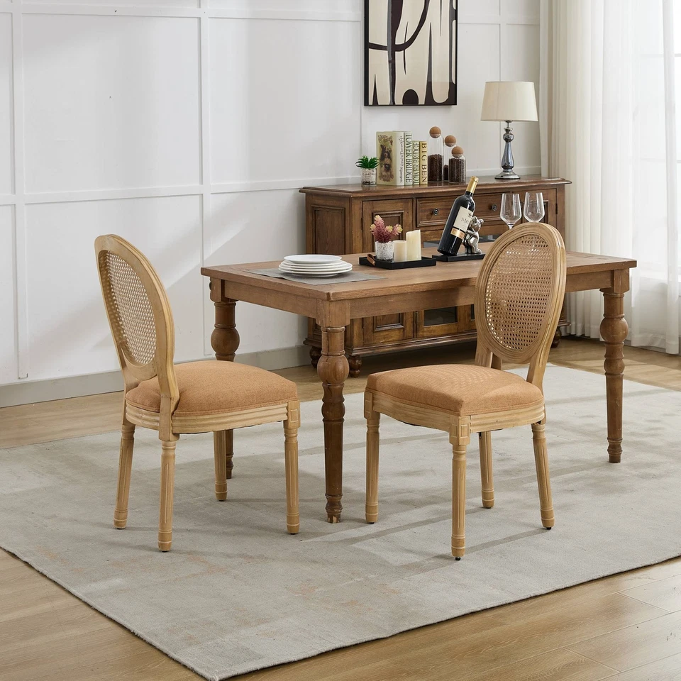 Silla de comedor estilo francés de madera maciza antigua tela de lino con respaldo de ratán, juego de 2 Foto 3 de 4
