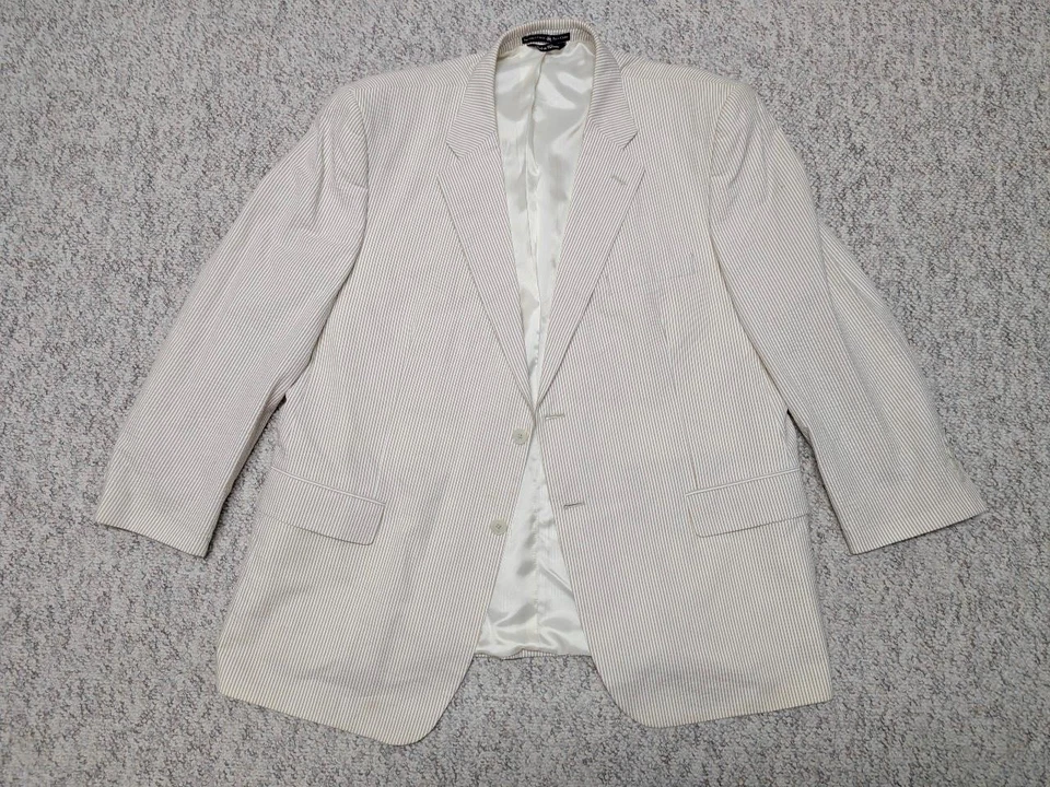 vintage SEERSUCKER tan white 2PC SUIT striped 46R 42x30 ivy league PREPPY polo - Image 2 of 4