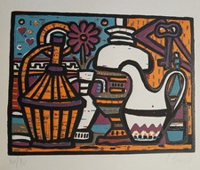 Lojze Spacal (1907-2000) - Natura morta - RARA linoleografia a colori - 1946