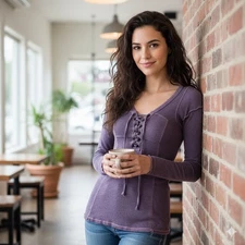 We The Free Free People Lace-Up V-Neck Long Sleeve Top Purple SP Distressed