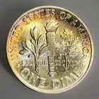 1964 Roosevelt Silver Dime - 90% Silver - Uncirculated Rainbow Toned