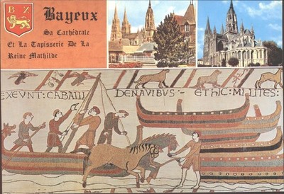 Bayeux Kathedrale & Wandteppich Postkarte - Mittelalter Pferde Wikinger Schiffe Frankreich