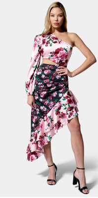 NEW Bebe One Shoulder Asymmetrical Ruffle Dress Size Medium Floral Cut Out Midi