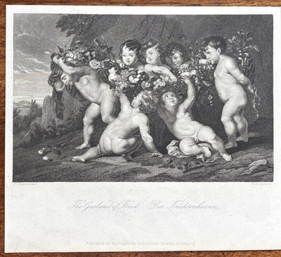 Antike Putten in einer Landschaft Kupferstich nach Paul Rubens von A.H. Payne 1840