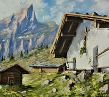 E.H.Knoll (XX) -Quadro alpino TOP: FATTORIA DI MONTAGNA DAVANTI ALLE ALTE VETTE