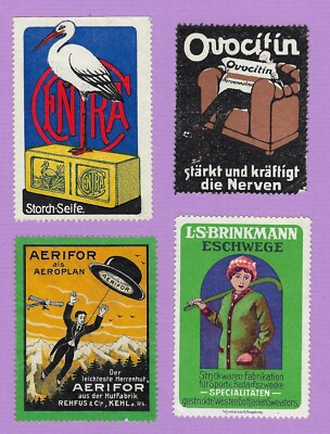 4 Reklamemarken, Storch-Seife,Ovocitin Nerven, Strickwaren, Aerifor Herrenhut
