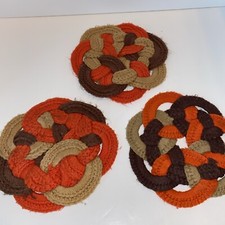 Crochet Knitted Hot Pads Trivet Pot Holder Orange Brown Set Of 3