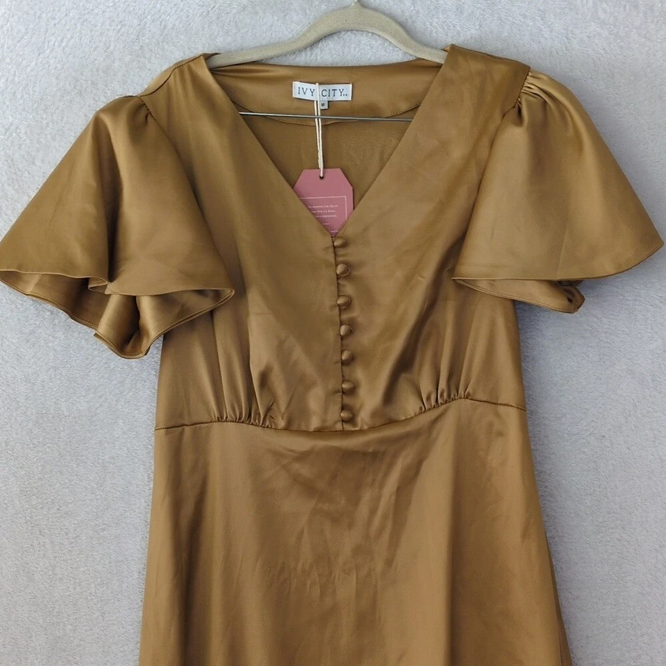 Maxi Vestido Para Mujer Ivy City Dorado Satinado Brillante Dama de Honor Talla M Foto 2 de 4