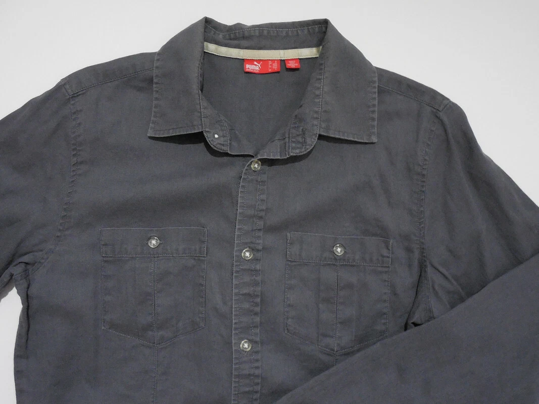 Puma Mens Button Up Casual Linen Blend Shirt Small Solid Gray