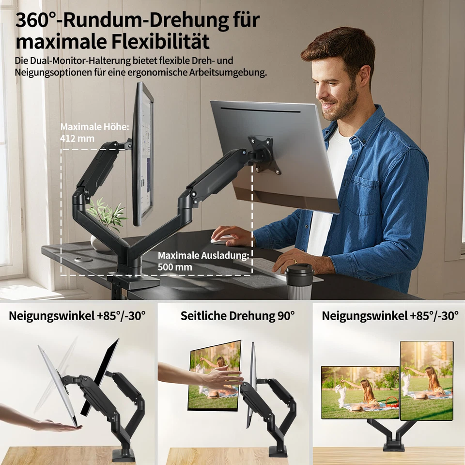 Gasdruck Monitor Doppel Tisch Halterung Bildschirm Ständer 2x 9KG bis 30 Zoll - Bild 2 von 4