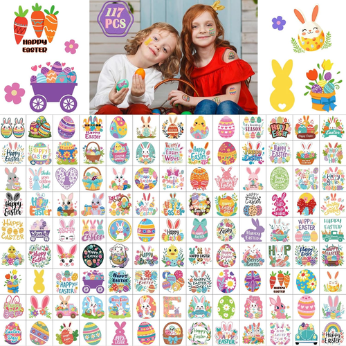 117 PCS Easter Temporary Tattoos for Kids, Egg Bunny Fake Tattoos,Face Body Stic