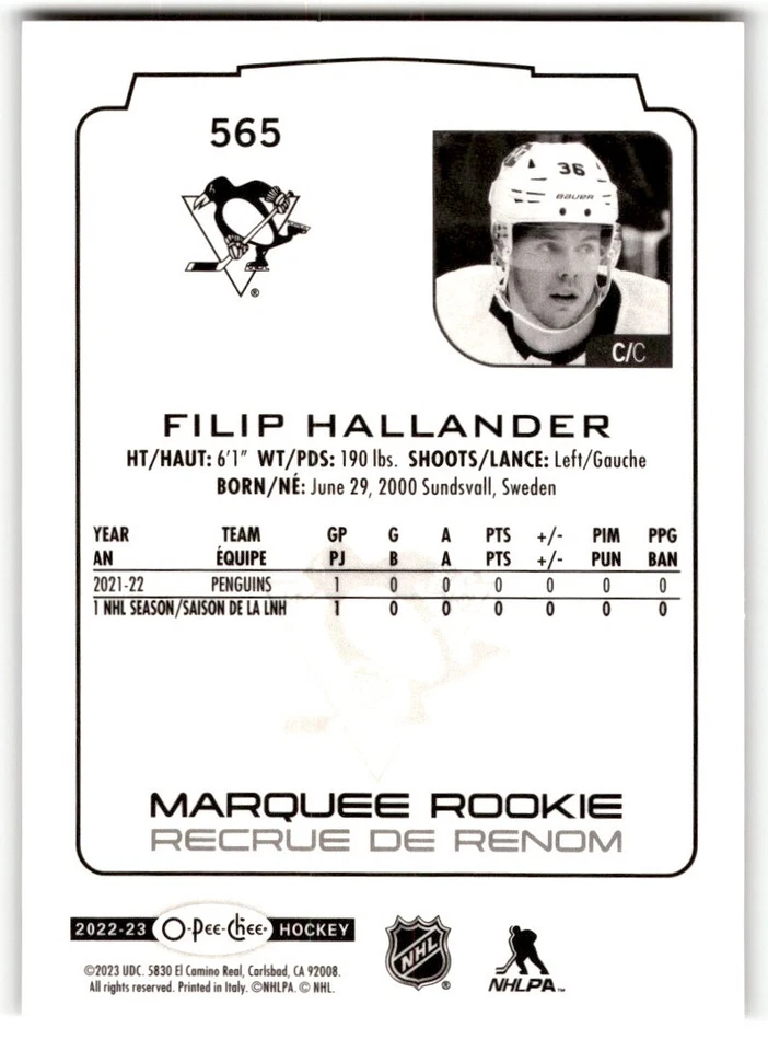 2022-23 O-Pee-Chee Filip Hallander Rookie #565 Pittsburgh Penguins - Image 2 of 2