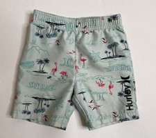 Hurley swim trunks blue w/ pink flamingo print boys sz 4