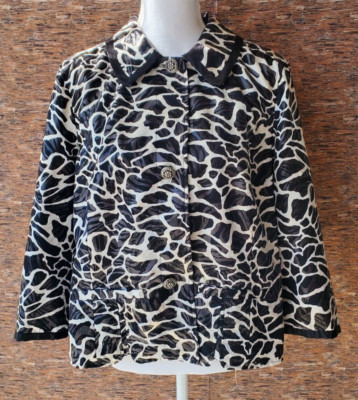 Chicos 2 Seema Jacket Womens Large Black White Stony Path 3/4 Sleeve