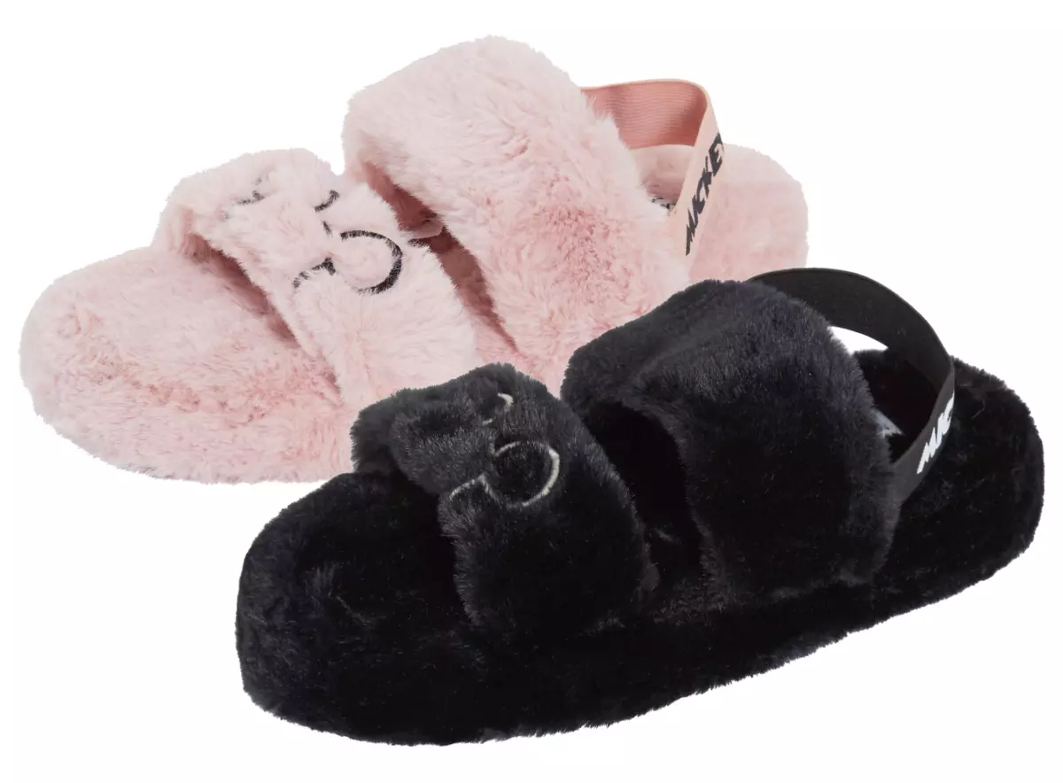 Womens Mickey Mouse Slippers Disney Faux Fur Sliders Lined Mule