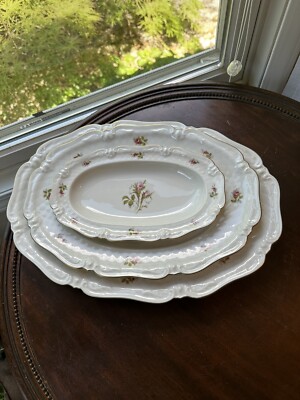 Vintage Eschenbach La Reine Moss Rose Scalloped Gold Trim Oval Platters Set