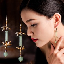 Women Chinese Bamboo Joint Earrings Aventurine Jade Gold Plated Drop Dangle