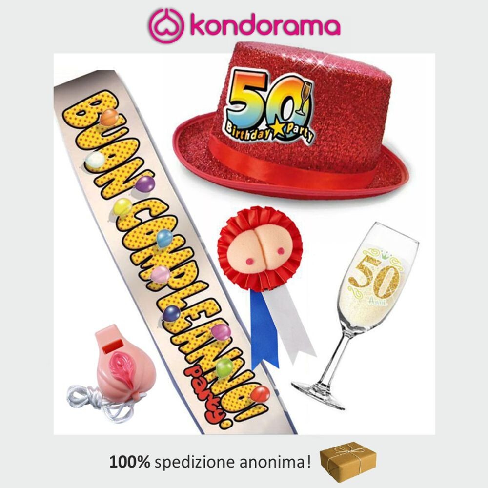 Fascia BUON COMPLEANNO coccarda tette fischietto pussy cappello flute 50 anni