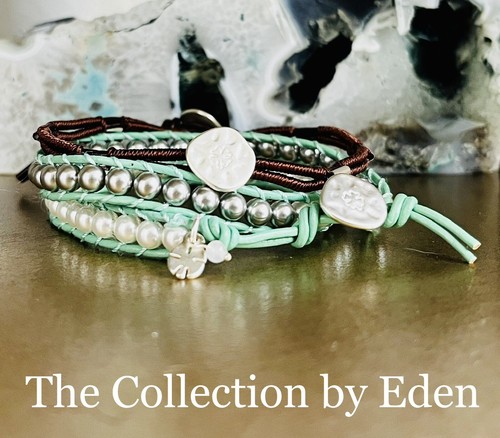 Lucky Brand Bracelets- Silver, Aqua, Brown & White Leather & Pearl Wrap Set of 2 - Picture 3 of 4