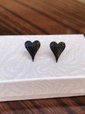 925 Sterling Silver Black Onyx Heart Stud Earrings Pave Studs 12.5mm/0.49"