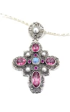 Nicky Butler Sterling Silver Pink Quartz Rhodolite Cross Pendant Pearl Necklace