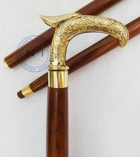 Vintage Brass Designer Eagle Handle Victorian Brown Wood Cane Walking Stick Gift