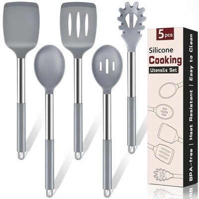 5Pcs Silicone Cooking Utensils Set, Heat Resistant Kitchen Tools Include Soli...
