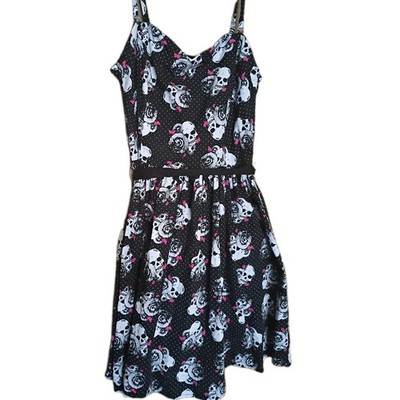 Vintage Hot Topic Punk Goth Skull Black White Polkadot Butterfly Dress Large