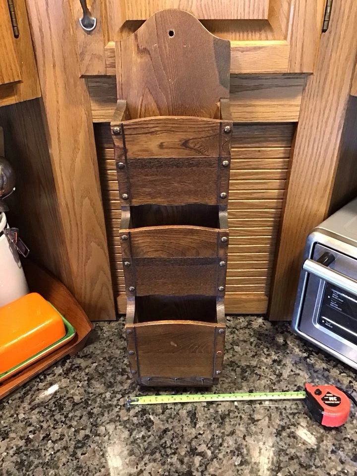 VINTAGE MCM TEAK Wood Letters Bills Organizer KEY HOOKS Wall Mount Mail Rack 22” - Image 3 of 4