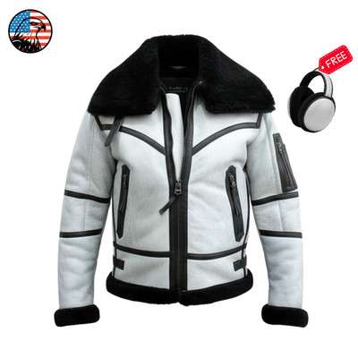 Mens RAF B3 Bomber Flight White Aviator Leather Jacket Shearling Lambskin Pilot