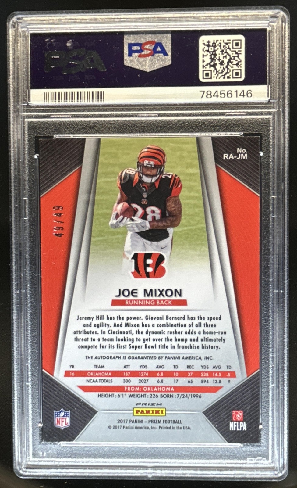 2017 Panini Prizm Joe Mixon Auto Red Power RC #/49 Bengals PSA 9 Rookie view 2