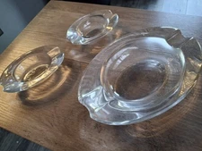 3 Piece Glass Vintage Ash Trays 2 Small 1 Medium Crystal Oval