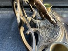 Brass Double Inkwell Desk Set w/ Standing Figure, Green Ink Color — photo 3