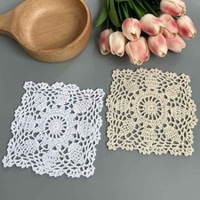 4Pcs 16-18cm Vintage Hand Crochet Lace Cotton Doilies Square Table Mat Placemats